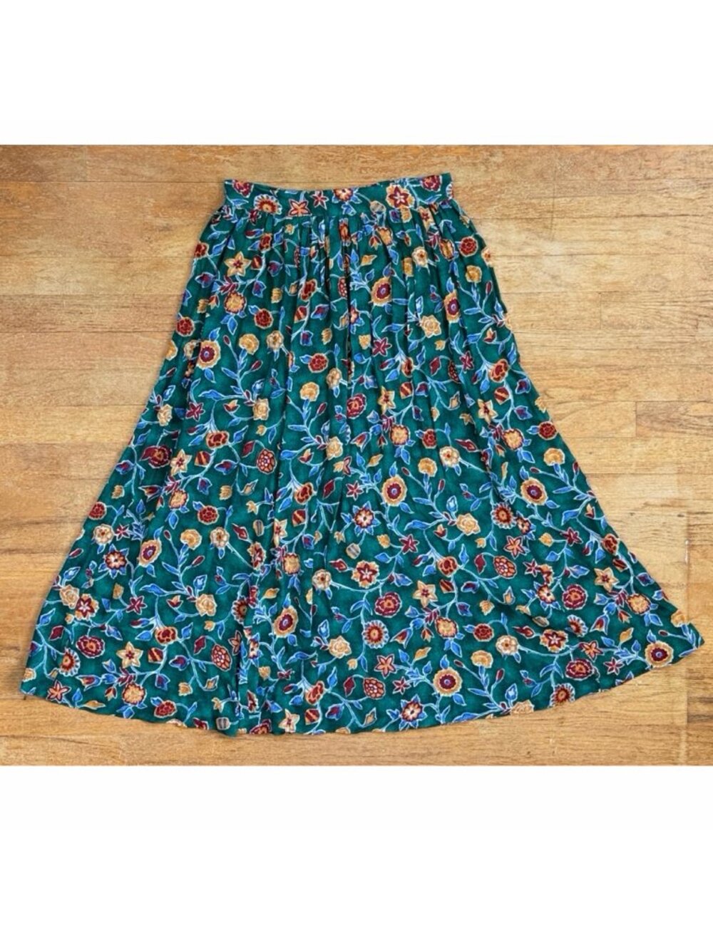 Vintage Floral Print Midi Skirt Size Small 28" Waist 90s Green Flower Art Patter